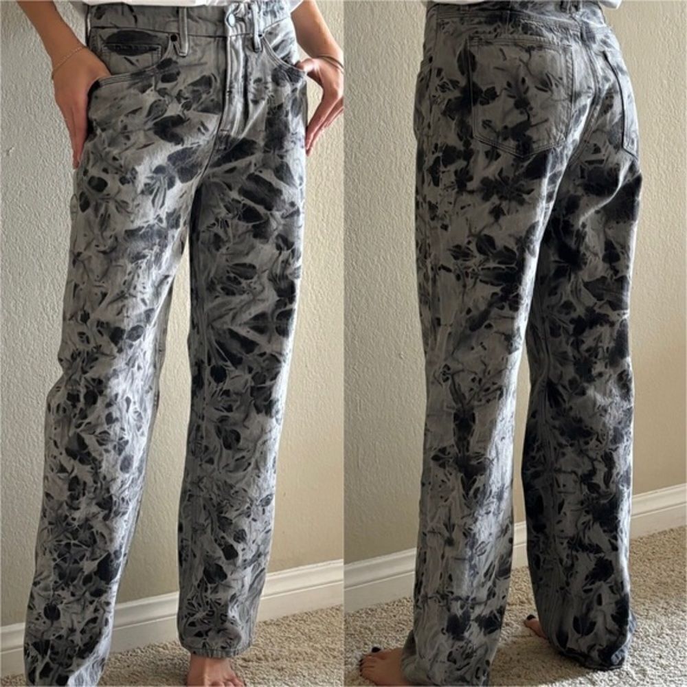 Good American Grey Jeans High Rise Straight Wide Leg Tie Dye Size 25